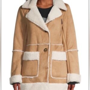 BCBG‎ midi coat. Faux suede camel ivory Sherpa lined coat. Size XS. $290 MSRP